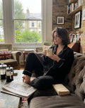 Black Satin-piped pajama set with drawstring trousers