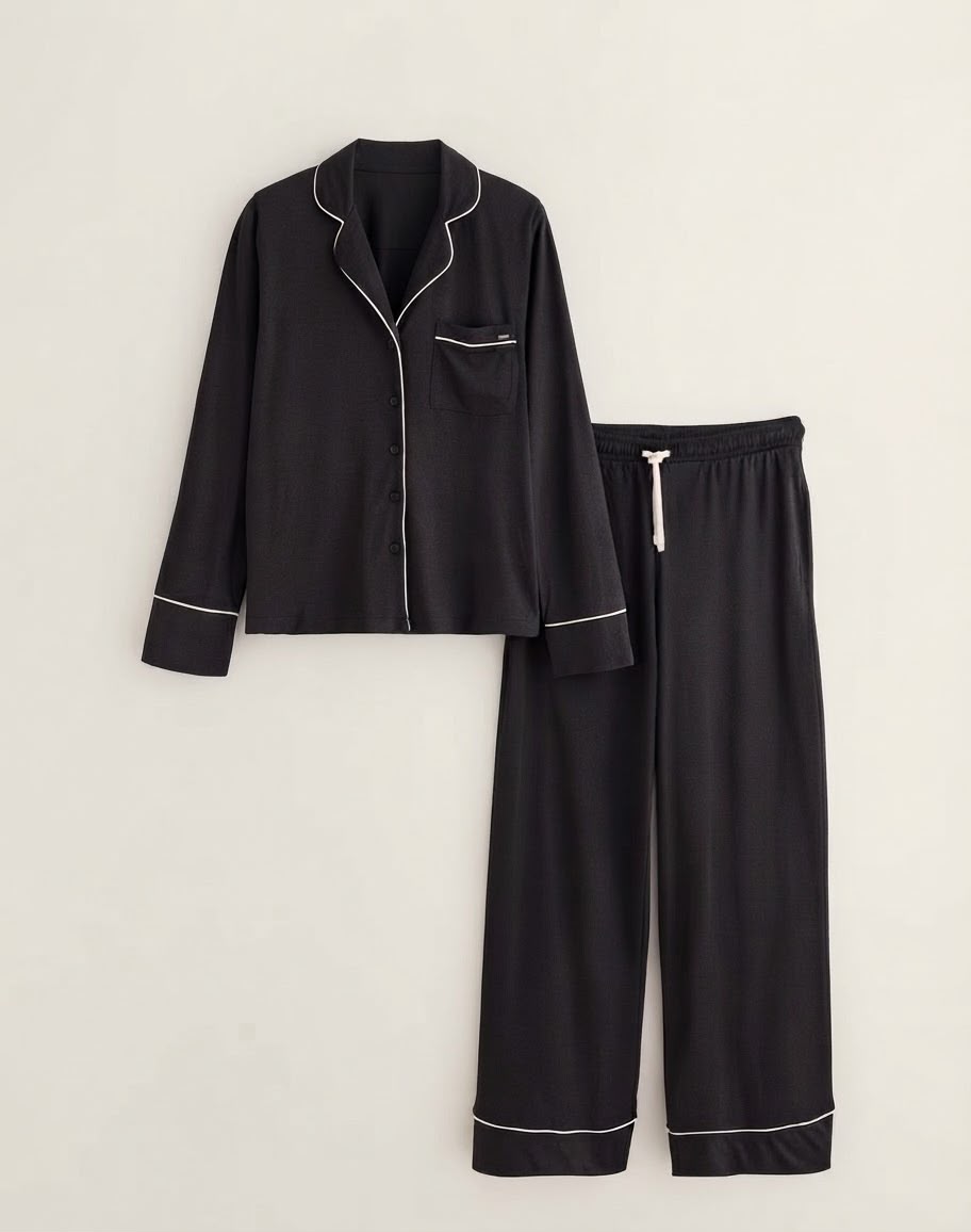 Black Satin-piped pajama set with drawstring trousers