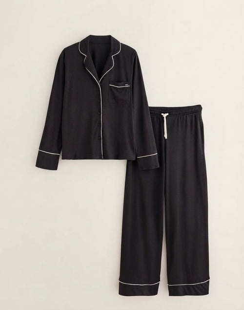 Black Satin-piped pajama set with drawstring trousers