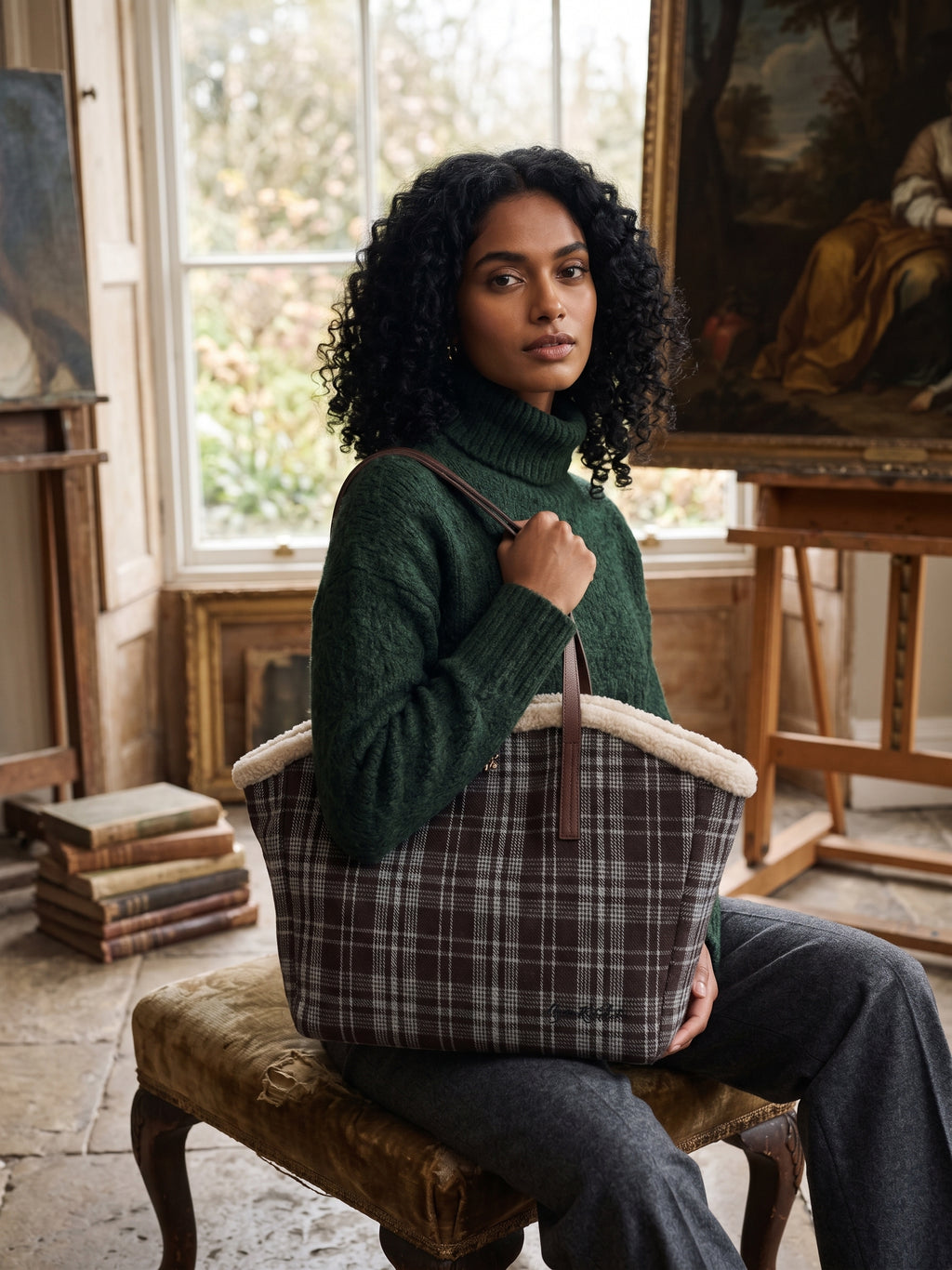 Cath Kidston Brown Check Borg Trim Tote Bag