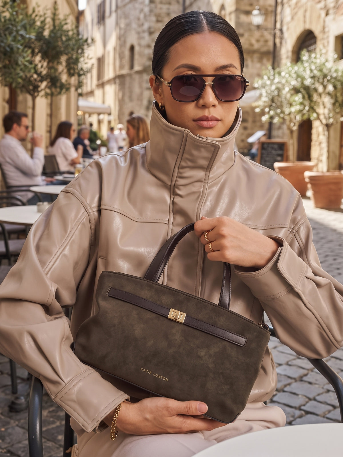 Katie Loxton Orin Brown Suede Top Handle Crossbody Bag