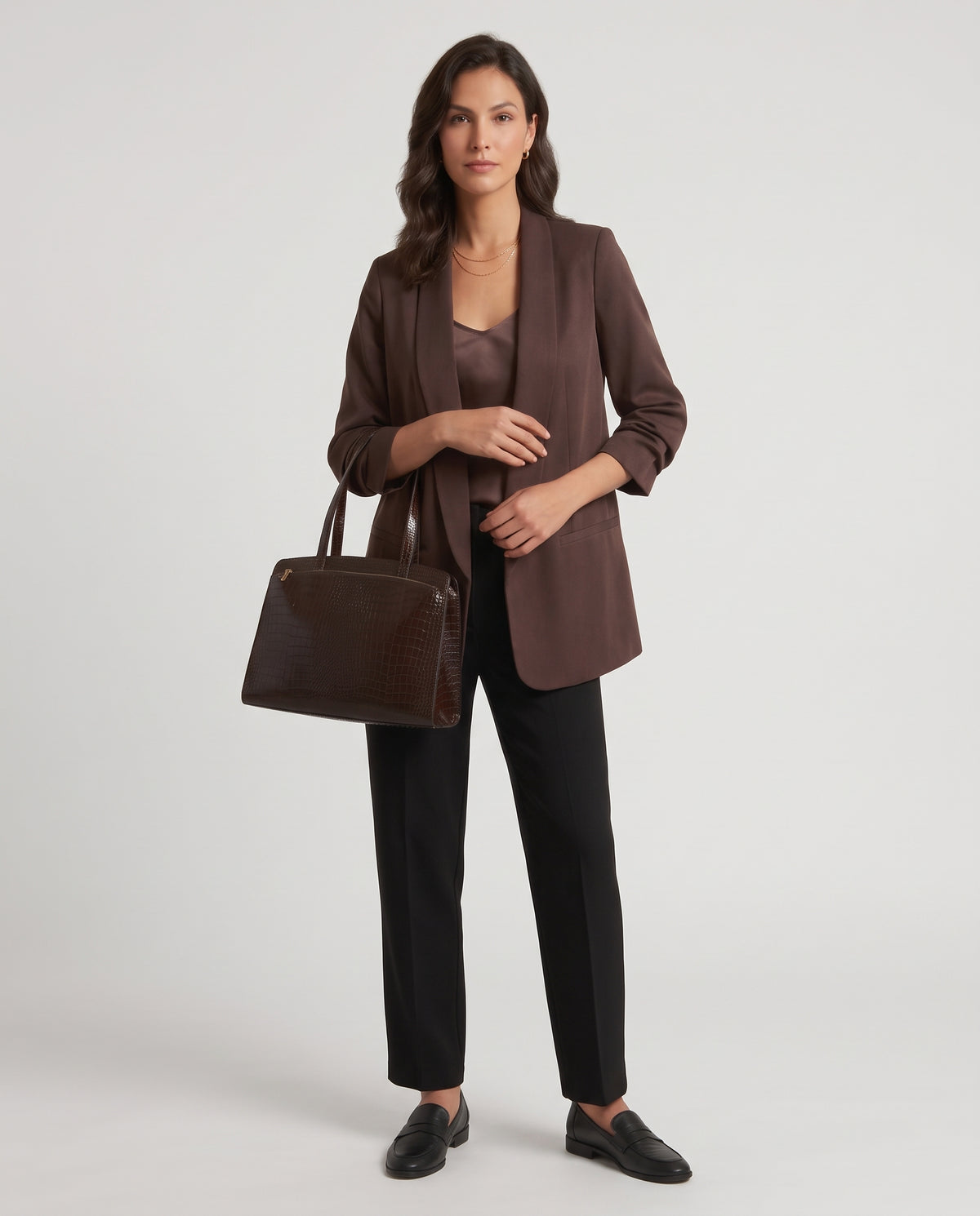 Mocha Relaxed Ruched Sleeve Blazer